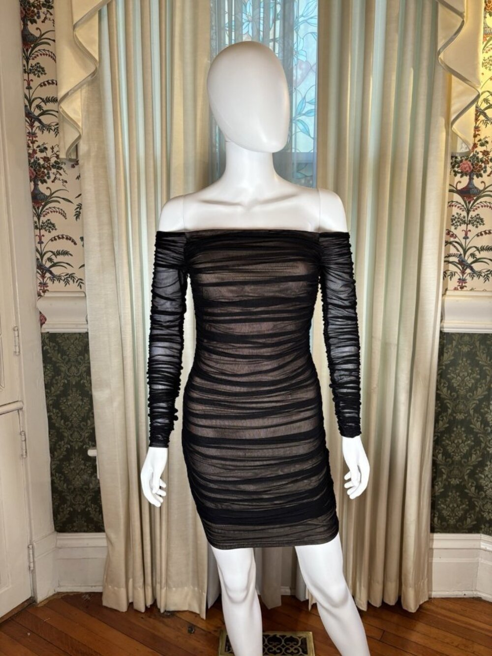 Bebe Black Sheer Mesh Ruched Off Shoulder Long Sleeve Bodycon Mini Dress Size S